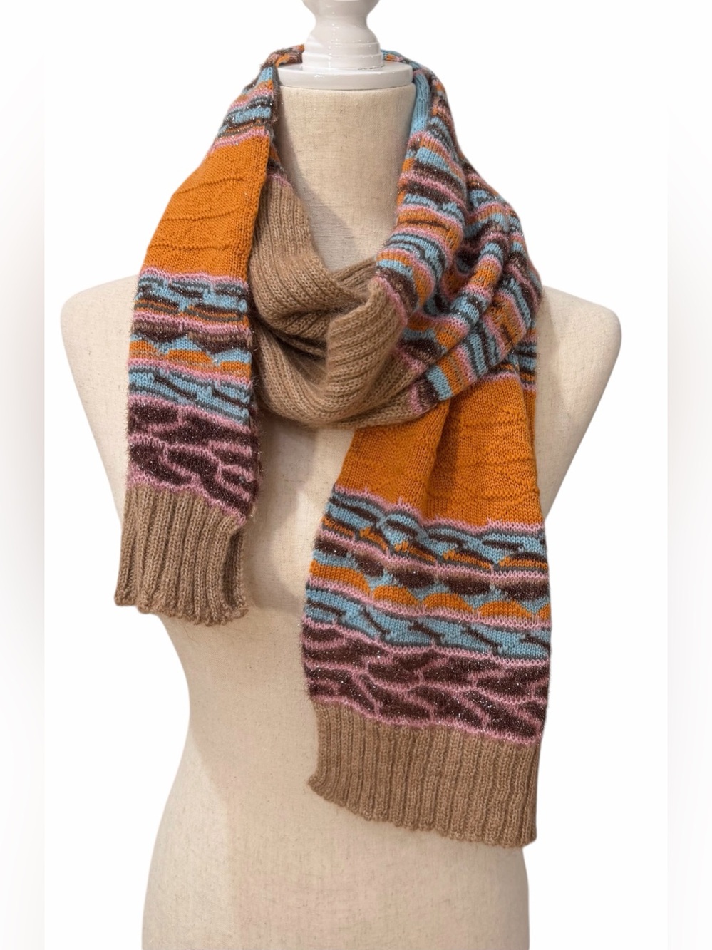 M Missoni Italy Multicolor Metallic Mohair Wool Knit Scarf Camel Orange Blue